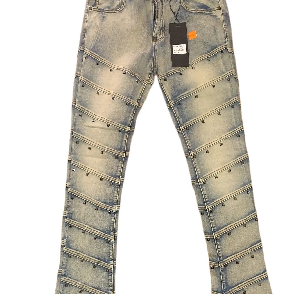 Supply Brand Stacked Denim Jeans with Studs - Light Wash, Slim Fit, Distressed Look, Fashionable & Comfortable
