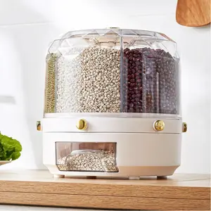 CNCEST 360° Rotatable Grain Dispenser 6 Container Storage Food Container for Rice Grains Nuts 13.2LBS Capacity Clear PET Modern White Countertop Rice Container For Home Kitchen
