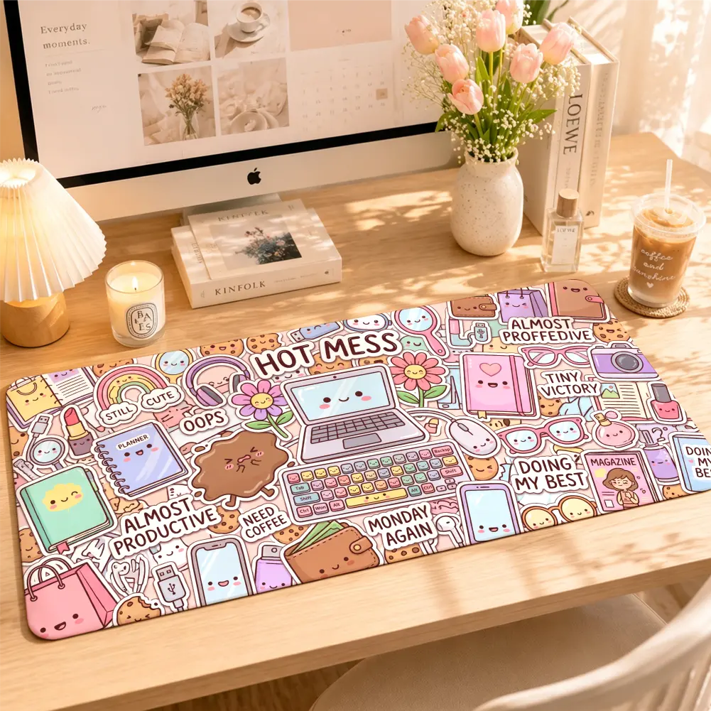 Cute Kawaii Sticker Collage Extended Mouse Pad for Women, Hot Mess Aesthetic XXL Desk Mat, Pastel Office Desk Pad, Non-Slip Keyboard Mouse Pad