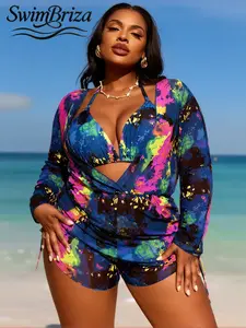 Briza｜Mesh Cover Up Two-Piece Swimsuit Bikini Blue Print Plus Size Swimwear Plus Size Swimsuits For Women Bikini Sets Swim Shorts Set Women As Vacation Swimwear For Women And Bathing Suits 2 Piece Set Bathing Suit Women Set With Swim Shirt