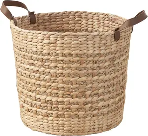 Upgraded Water Hyacinth Storage Basket - Round Woven Natural Brown Design (15.7 x 15.7 x 11.8 in), Sturdy Organizer for Living Room Bedroom Bathroom, Keep Your Space Tidy & Stylish, Eco-Friendly & Easy to Clean