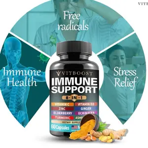 VITBOOST Ultimate Immune Support Supplement 8-in-1,Vitamin C, Dietary Vitamin D, Turmeric, ginger, 60 Count Healthcare Fitness Edible ashwagandha Zinc