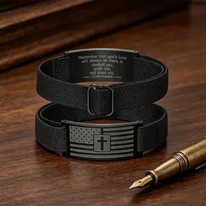 American Flag Cross Faith Elastic Bracelet, Engraved Religious Bible Verse Confirmation Baptism Wristband, Adjustable Christian Inspirational Gift For Men summervibes