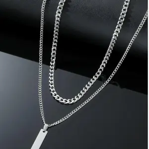 Men's Stainless Steel Rectangle Decor Chain Necklace Set - Fashionable and Popular Jewelry Gift for a Stylish Look