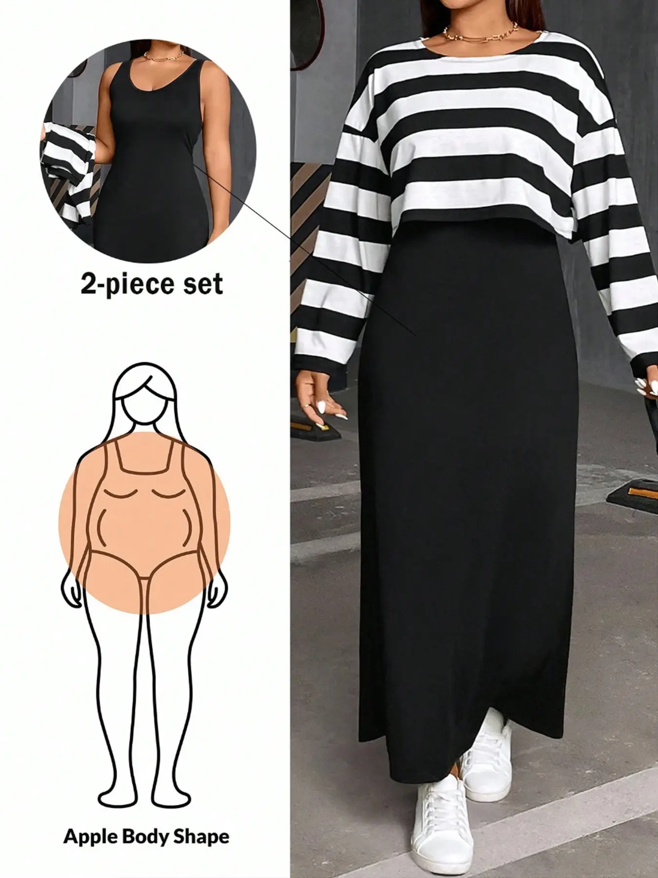 Plus Size Women's Fashion Casual Loose Striped Long Sleeve Top Pairing Solid Color Dress Two-Piece Set, Clothes Sets, Comfortable & Stylish for Daily Wear, Casual Matching Sets