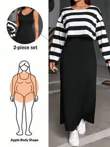 Plus Size Women's Fashion Casual Loose Striped Top Pairing Solid Color Dress Two-Piece Set, Comfortable & Stylish for Daily Wear