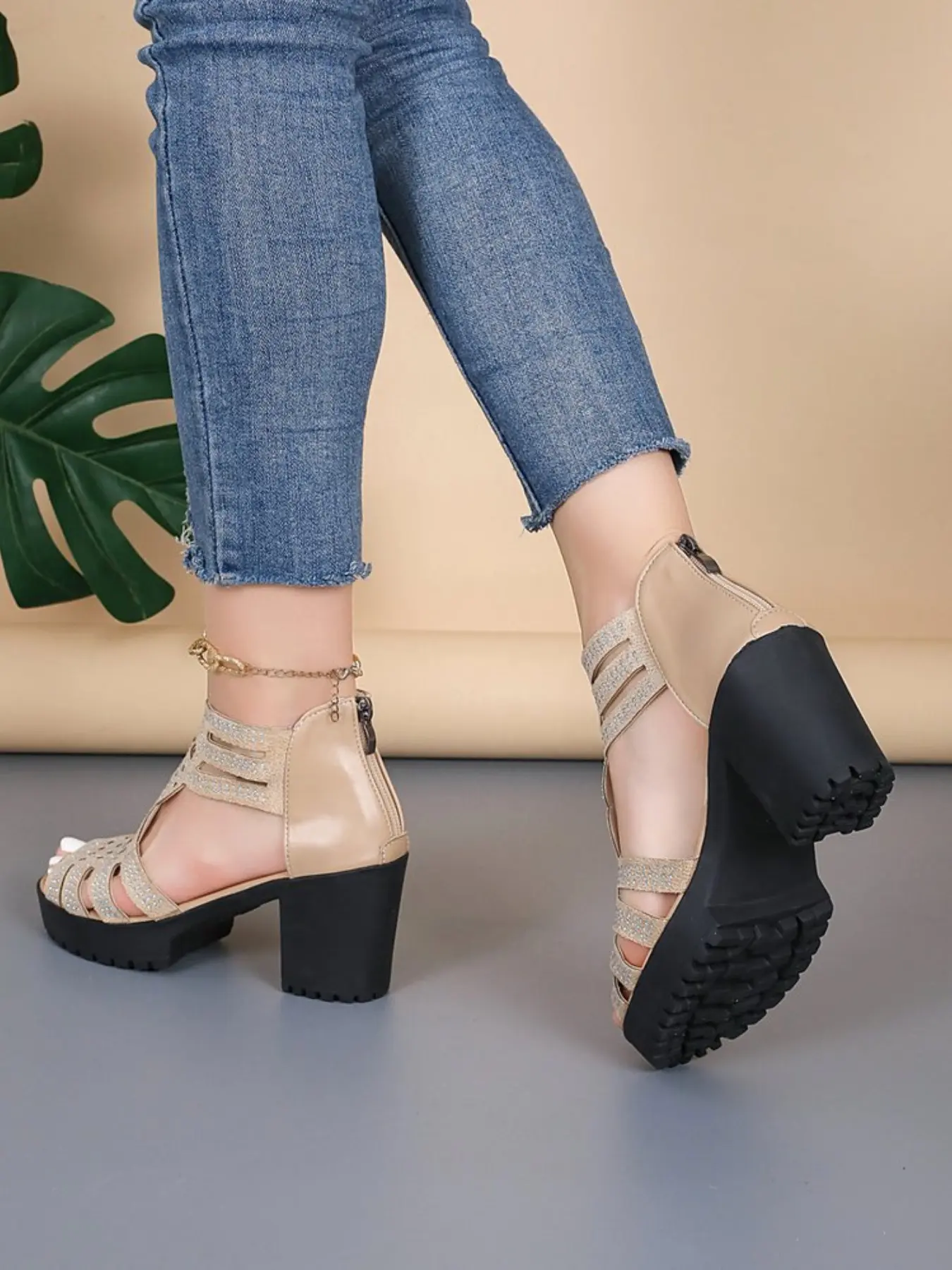 Women's Roman Water Diamond Fish Mouth Mid-Heel Glitter Decorated Fashionable Casual Sandals, Soft PU Material, Rubber Sole, Casual Style, Youthful Look, Slip-On Mule Shoes