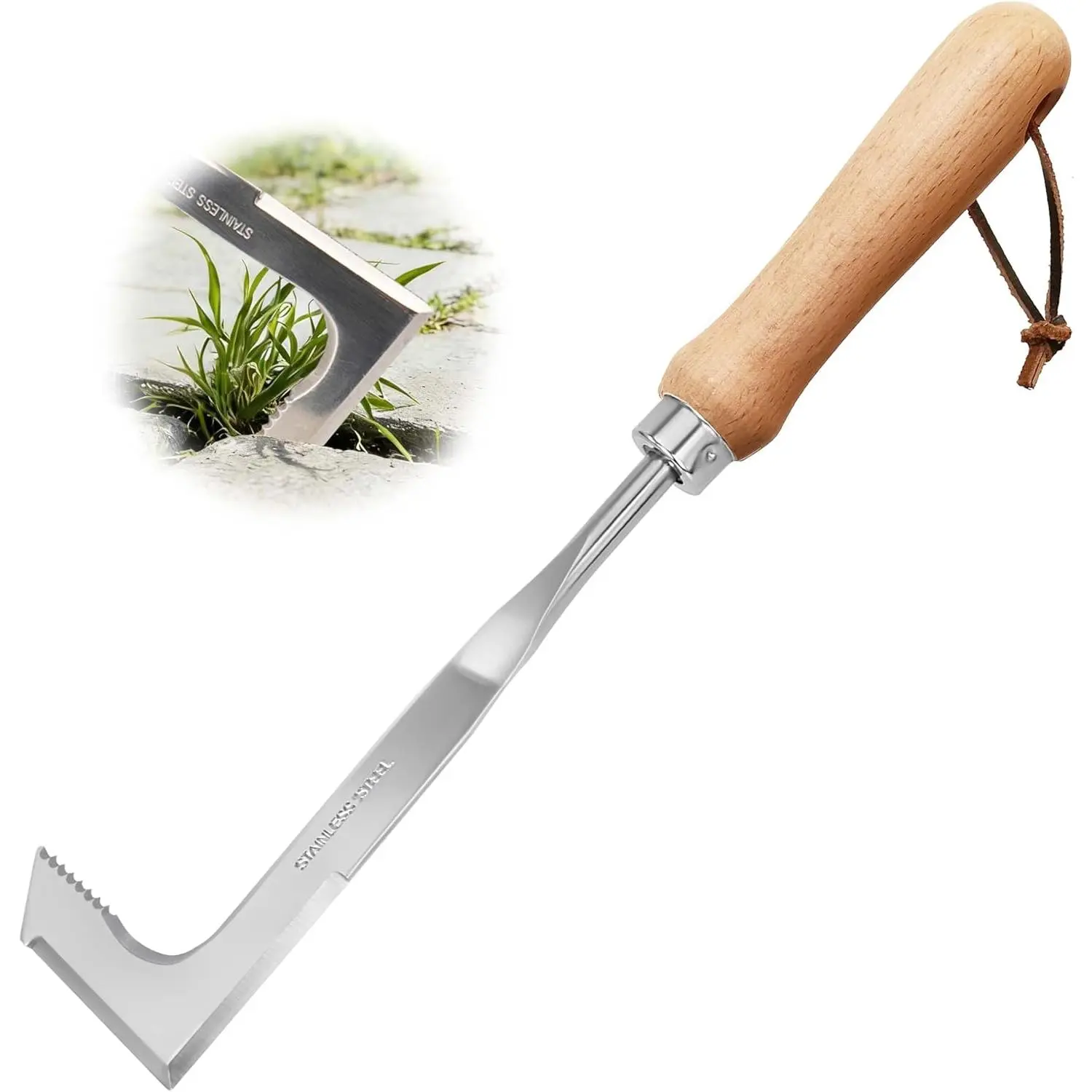 Stainless Steel L-Shaped Head Crack Weeder with Wooden Grip, Manual Crevice Weeding Spatula for Sidewalk Cracks, Paving Stones Narrow Gaps