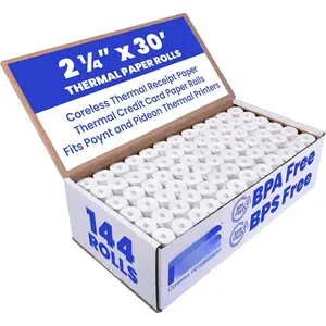 2 1/4 x 30  x 144 rolls CORELESS  Thermal Paper Rolls for Poynt and Pidion Thermal Receipt Printers. 25mm diameter
