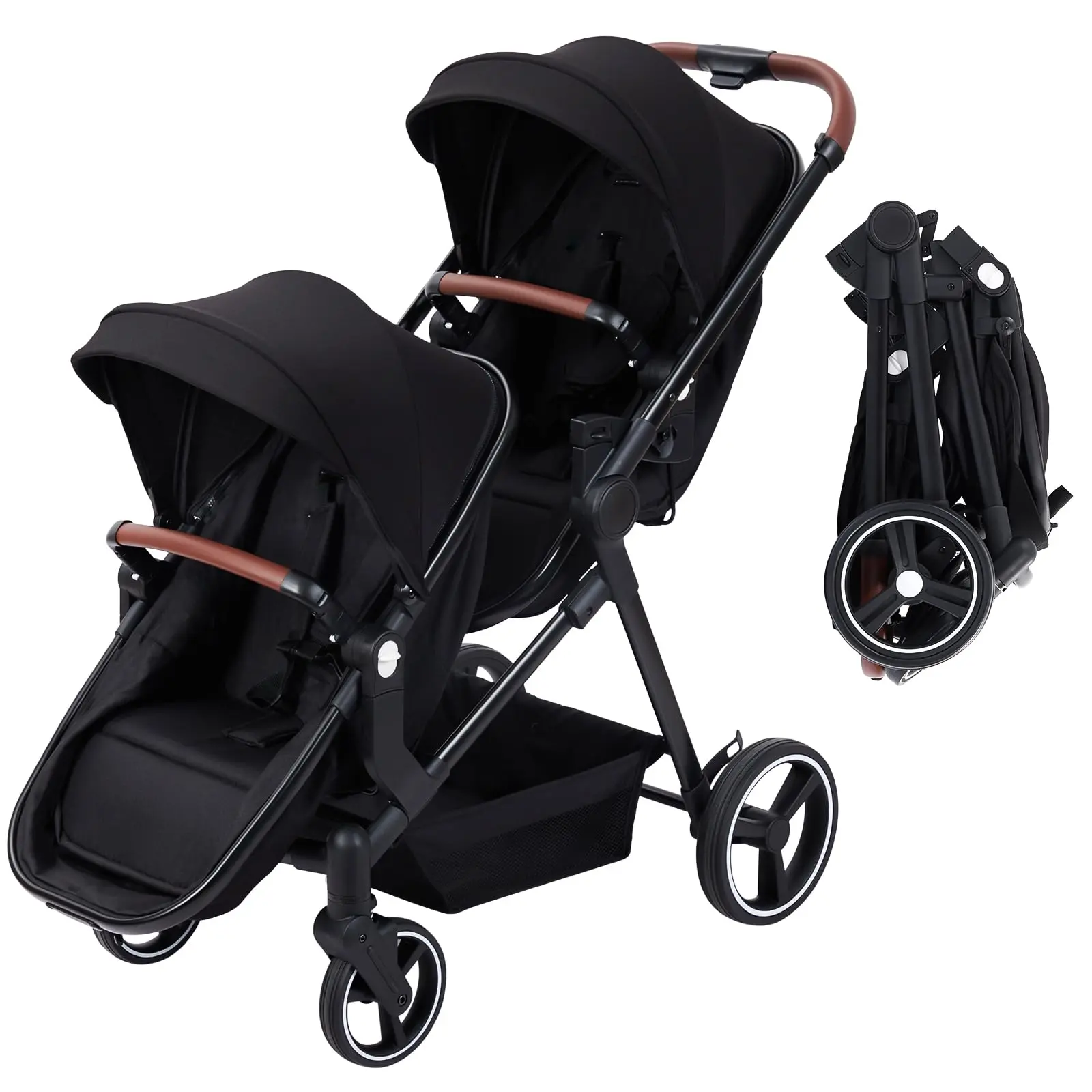 GARVEE New Reversible Tandem Double Stroller for Infants & Toddlers, 1-Hand Fold, 5-Point Harness, Adjustable Canopy, Twin Mode, Lightweight 2-Seat Stroller for Newborns