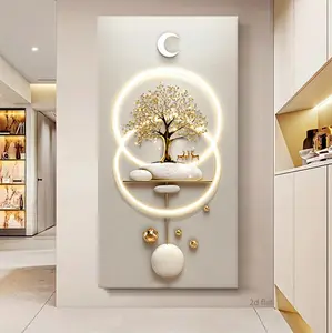 2D FLAT Wabi Sabi Style Wealth Tree Canvas Wall Art - Modern Luxury Entrance Decoration, Golden Element Canvas Painting, Suitable for Living Room, Bedroom, Kitchen, Bathroom Wall Art Decoration, Bedroom Wall Decoration, Wall Decoration