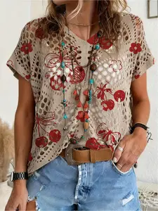 Spring and summer style, V-neck diamond hollow loose batwing short sleeve cover-up, contrast color fruit floral print women's knitted top, vacation style, casual for commute, bikini cover-up, Beach Cover Ups, Bohemian vacation st