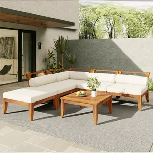 6 Piece Patio Sofa Set, Acacia Wood Outdoor Modular Sectional Garden Furniture Set L-Shaped Conversation Set, Convertible Daybed with Tea Table, Ottoman, 5 Cushions and Pillows, Teak+Beige