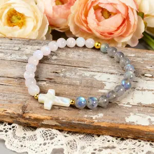 AA+ Moonstone Labradorite Bracelet Cross Charm Crystal Beaded Healing Bracelet, Religious Gift Faith Gift for Her