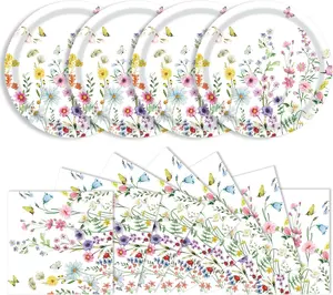 Wildflower Party Tableware Set 40PCS, Floral Plates & Napkins Serves 20, Aesthetic Spring Picnic Decor for Baby Shower, Wedding, Birthday Tea Party