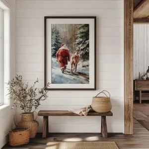 Nostalgic Santa Claus & Reindeer Christmas Print - Traditional Vintage Holiday Decor, Charming Winter Printable | Framless Poster H