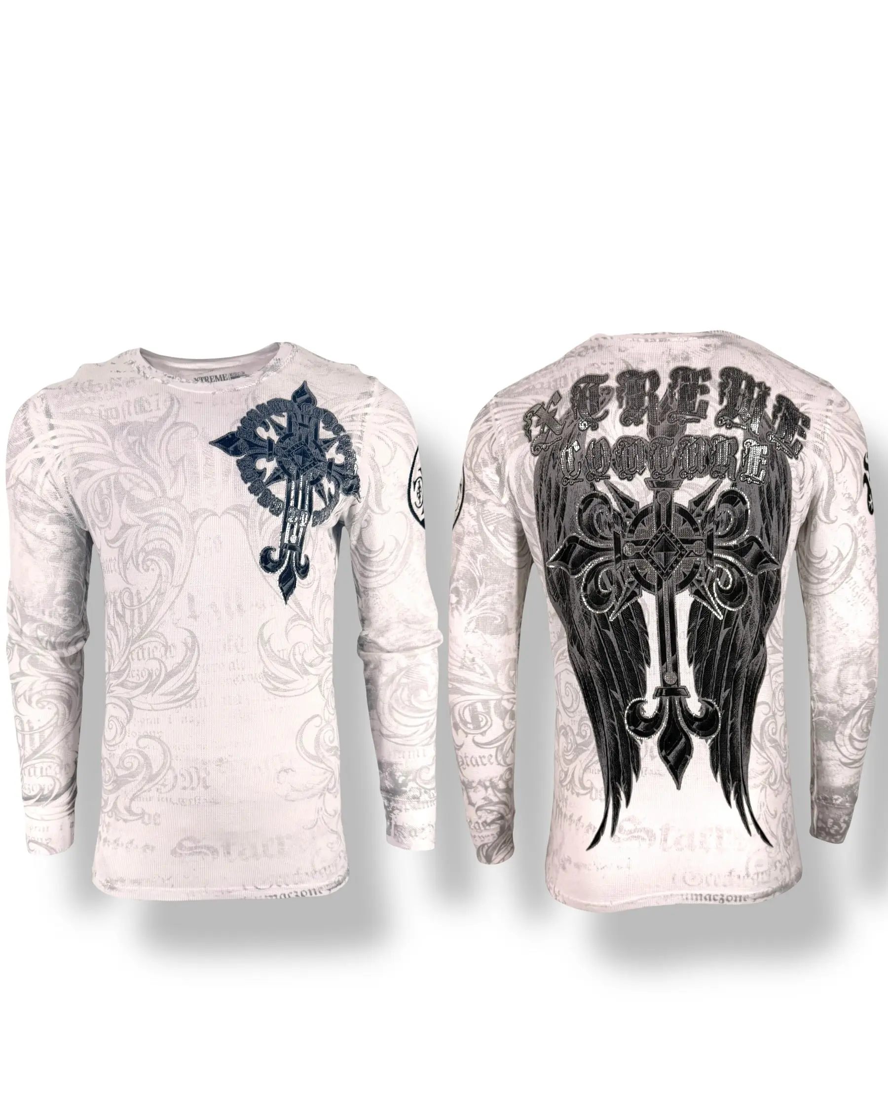 Xtreme Couture Men's Hercules Graphic Cotton Thermal Shirt - Long Sleeve Crew Neck Casual Menswear with Front and Back Prints
