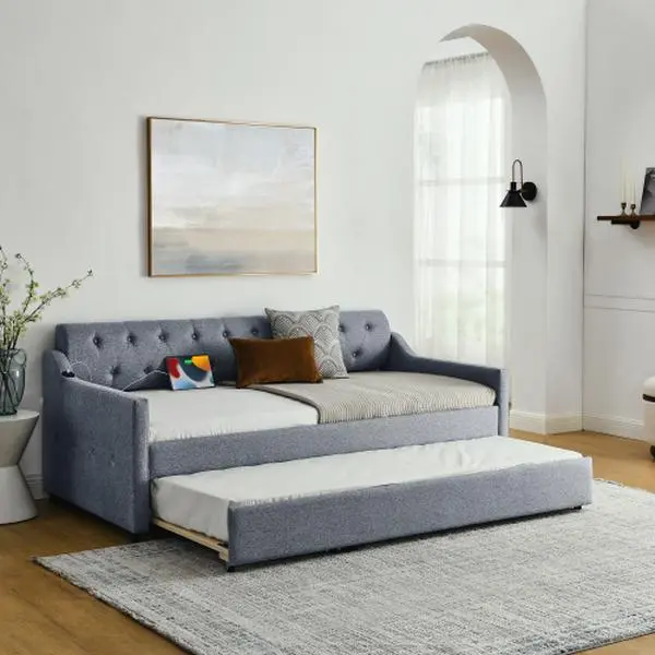 Twin Size Upholstered Daybed with Erectable Twin Trundle Bed, Tufted Sofa Bed with USB Charging Design, Convertible Guest Bed for Living Room Bedroom