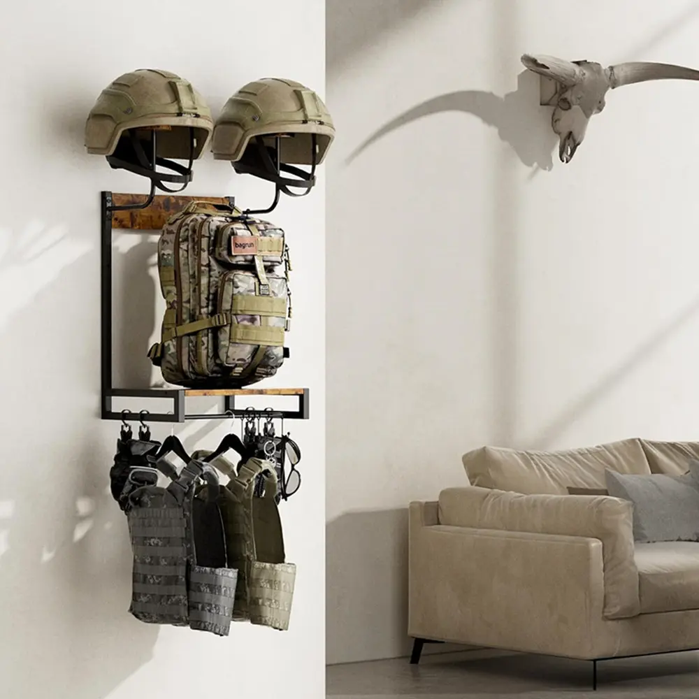 Set of 1 Laminate + Metal Motorcycle Jacket Hanger & Helmet Holder – Wall-Mounted Tactical Gear Organizer for Home, Small Size