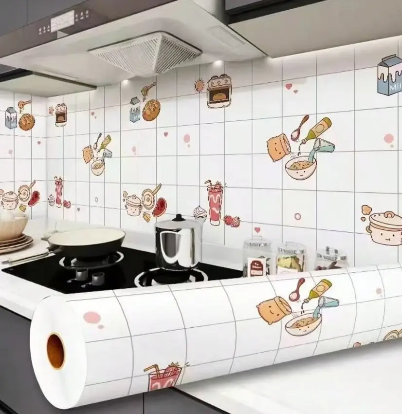 1 Roll Kitchen Oil-Proof Self-Adhesive Wallpaper, Heat-Resistant Waterproof Cabinet & Countertop Sticker, Moisture-Proof Anti-Mold Decorative Film for Kitchen, Desktop & Wall Renovation