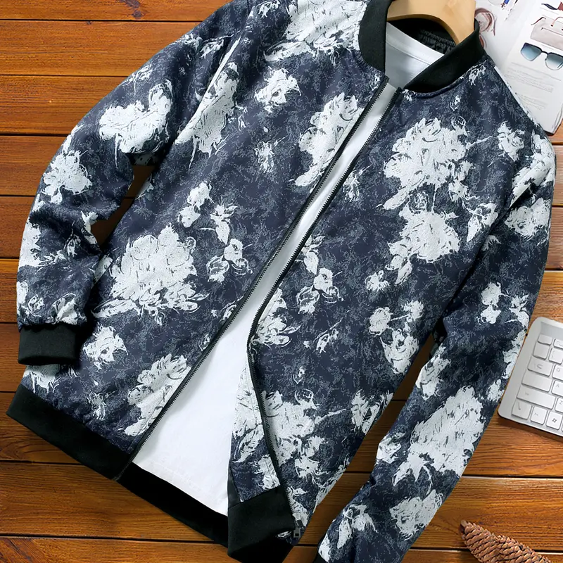 Men's Fitted Crew Neck Long-Sleeve Woven Graphic Jacket - Floral & Chain Print All-Over Design, Fabric Outerwear, College-Style, Pockets, Casual, Black