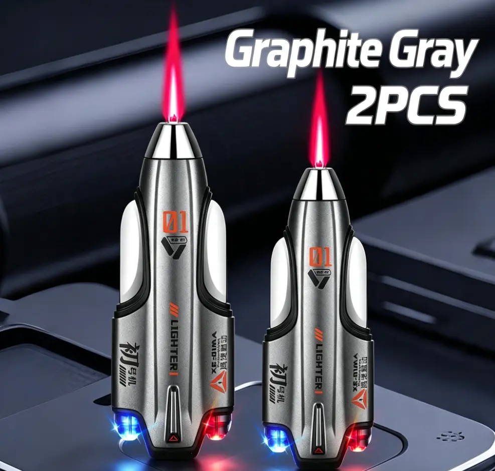 No‑Butane, 2‑Pack Rocket‑Shaped Creative Lighter, Refillable Butane Lighter, Reusable, Wind‑Resistant, High‑Temperature & Portable, Red Jet Flame, Ideal for Outdoor Camping, Kitchen Cooking, Holiday Gifts and Barbecues