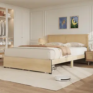 Rattan Platform Bed Frame with Storage Drawers Wood Boho Farmhouse Queen Size Bed Frame No Box Spring Needed Metal Slat Support Heavy Duty 1200lbs Capacity Noise Free Platform Mattress Base Integrated Underbed Storage Cabinet