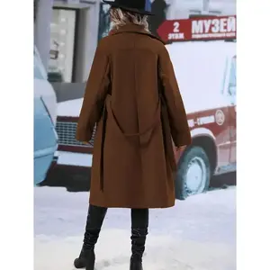 Womens Long Wool Pea Coat Notched Lapel Double Breasted Trench Coat Winter Warm Overcoat with Belt Womenswear Jackets