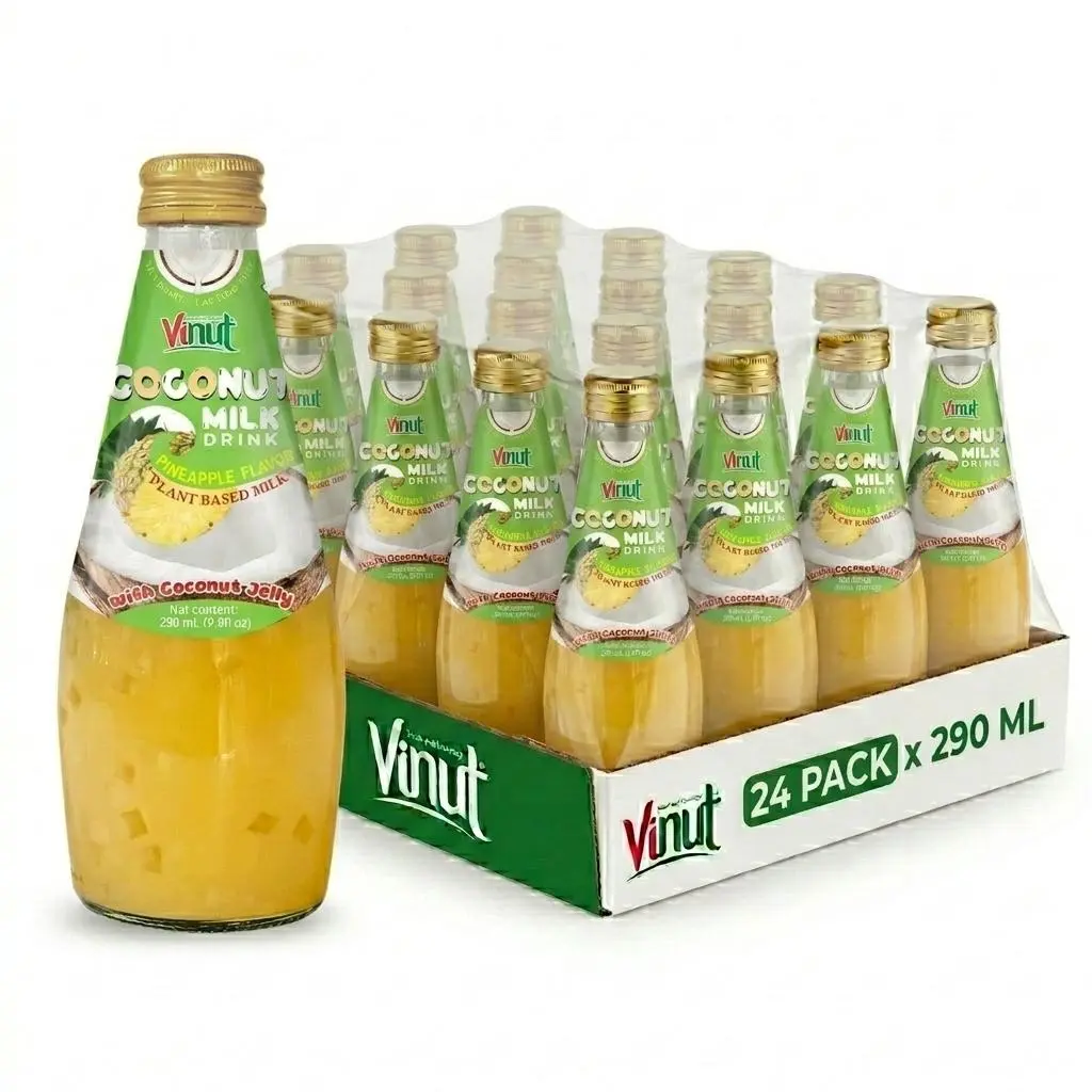 Vinut Coconut Milk Drink Pineapple Flavor with Coconut Jelly Plant Based Non-Dairy Lactose Free 290ml Glass Bottle Pack of 6 12 or 24 Fruity Beverage