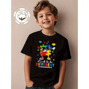 New Boys 100% Cotton T-Shirt - Autism Awareness Puzzle Print It's Ok to Be Different - Comfortable, Breathable, Summer, Crew Neck, Short Sleeve T-Shirt (3-13Y)