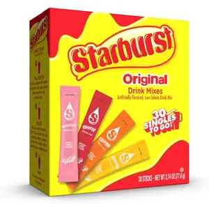 Starburst Singles to Go Variety Pack, Watertok Powdered Drink Mix, Includes 4 Flavors, Strawberry, Cherry, Orange And Lemon 1 Box (30 Servings)