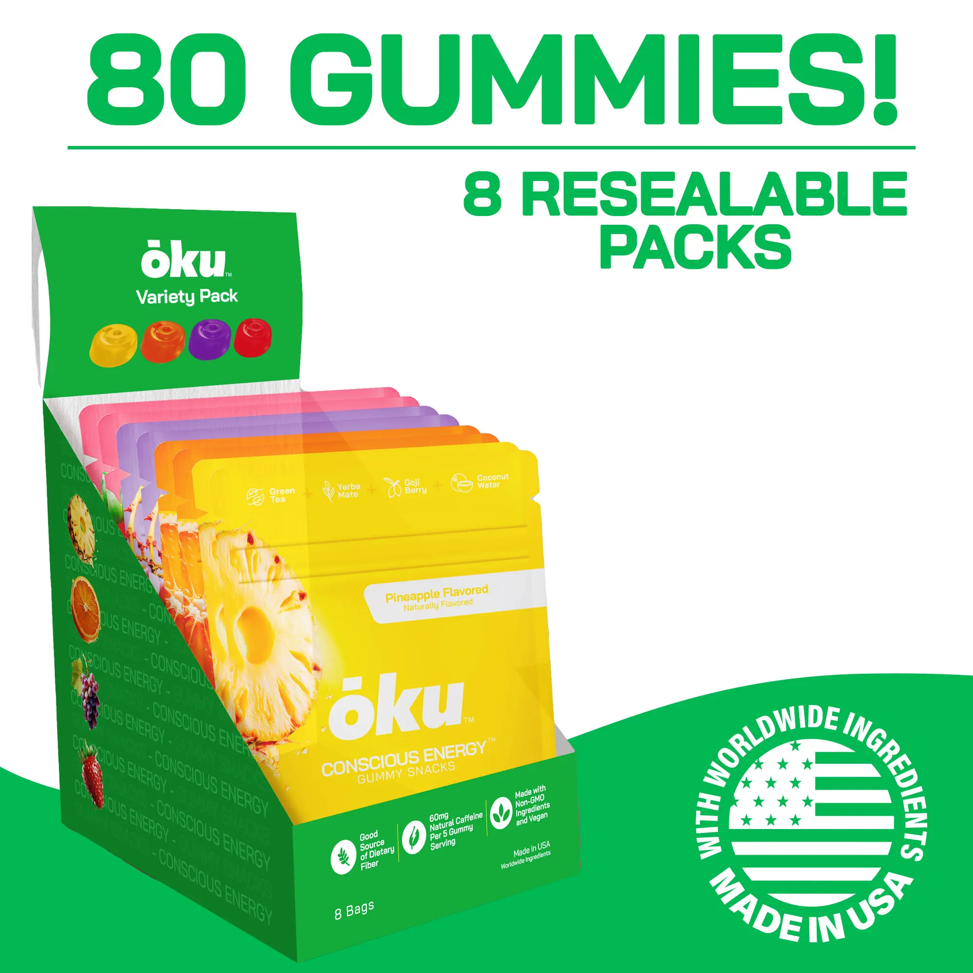 OKU Energy Gummies - 8 pack Energy Snack, 10 Gummies per Pack