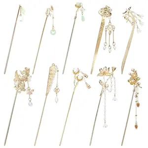 10 Pack Retro  Metal Long Hair Sticks Pins with  Jade Dangles Tassels Pendants Chinese Hanfu  Flower Butterfly Hair Chopsticks Hair Picks Bun Forks Holders Hairpins for Women Girls
