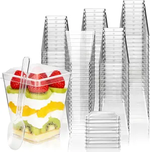 50 Pack 5oz Clear Square Plastic Dessert Cups with secure lids and mini spoons, dual use washable portion bowls for pudding mousse ice cream yogurt parfait jello and small appetizers, handy party supply for birthday