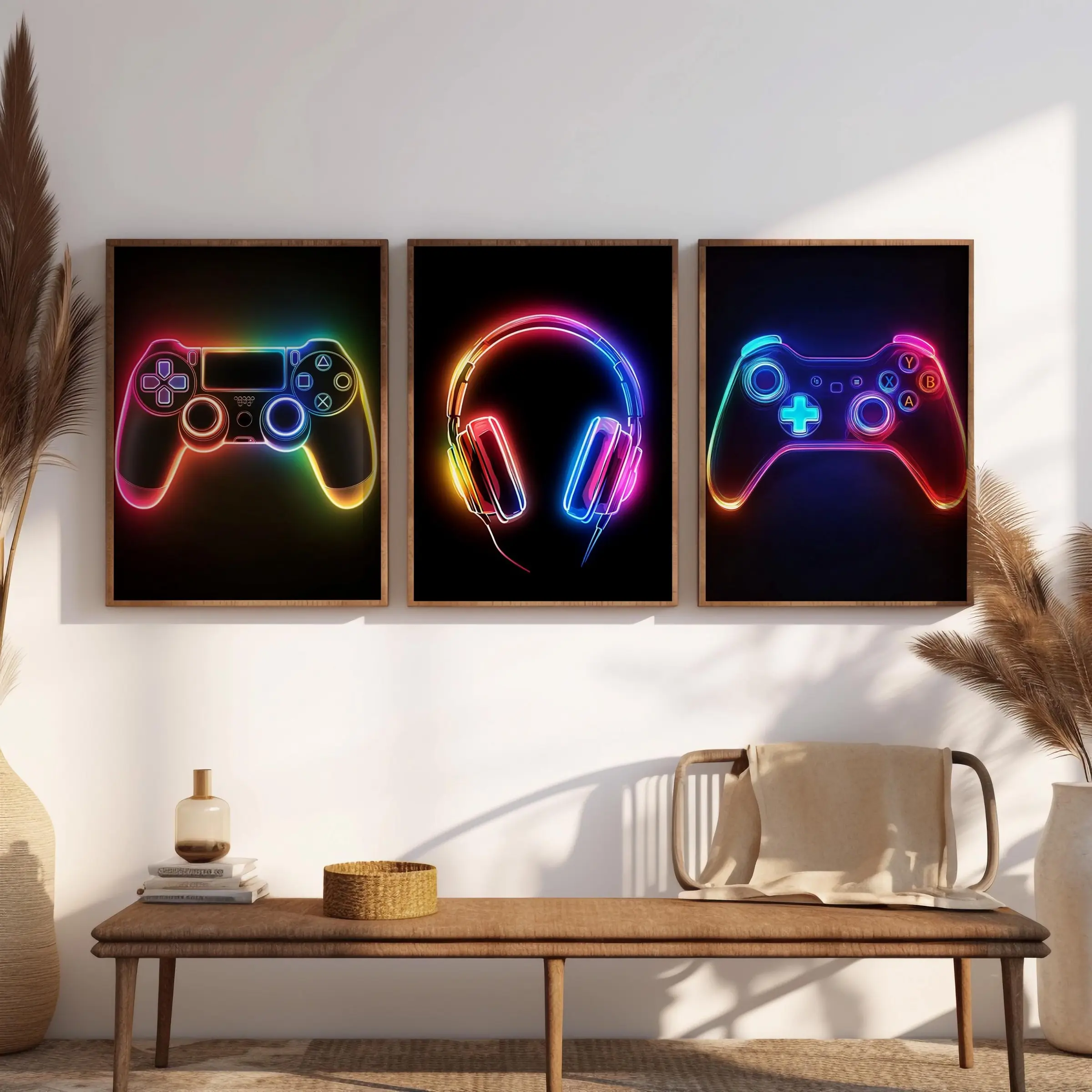 3 Piece Set 2D Flat Neon Game Controller Print Decor, Player Room Decoration for Gamers, Unique Artistic Gaming Wall Art, Decorative Artwork, Modern Cool Design
