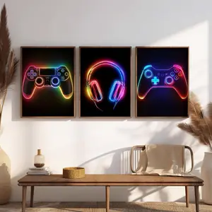 3 Piece Set 2D Flat Neon Game Controller Print Decor, Player Room Decoration for Gamers, Unique Artistic Gaming Wall Art, Decorative Artwork, Modern Cool Design