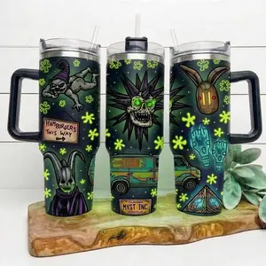 Spooky Island Park Retro 2000s Halloween Movie 40oz Tumbler With Handle, Disco Skull Summerween Spooky Stainless Steel Travel Mug, Cute Gift, Hot Cold Drink Cup, Gift For Fans Water Bottles Cup