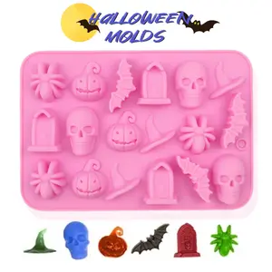 Halloween Molds Silicone for Chocolate , 3D Halloween Chocolate Candy Gummy Mold Skull Pumpkin Bat Ghost Witch Hat Spider tombstone Shapes Mold