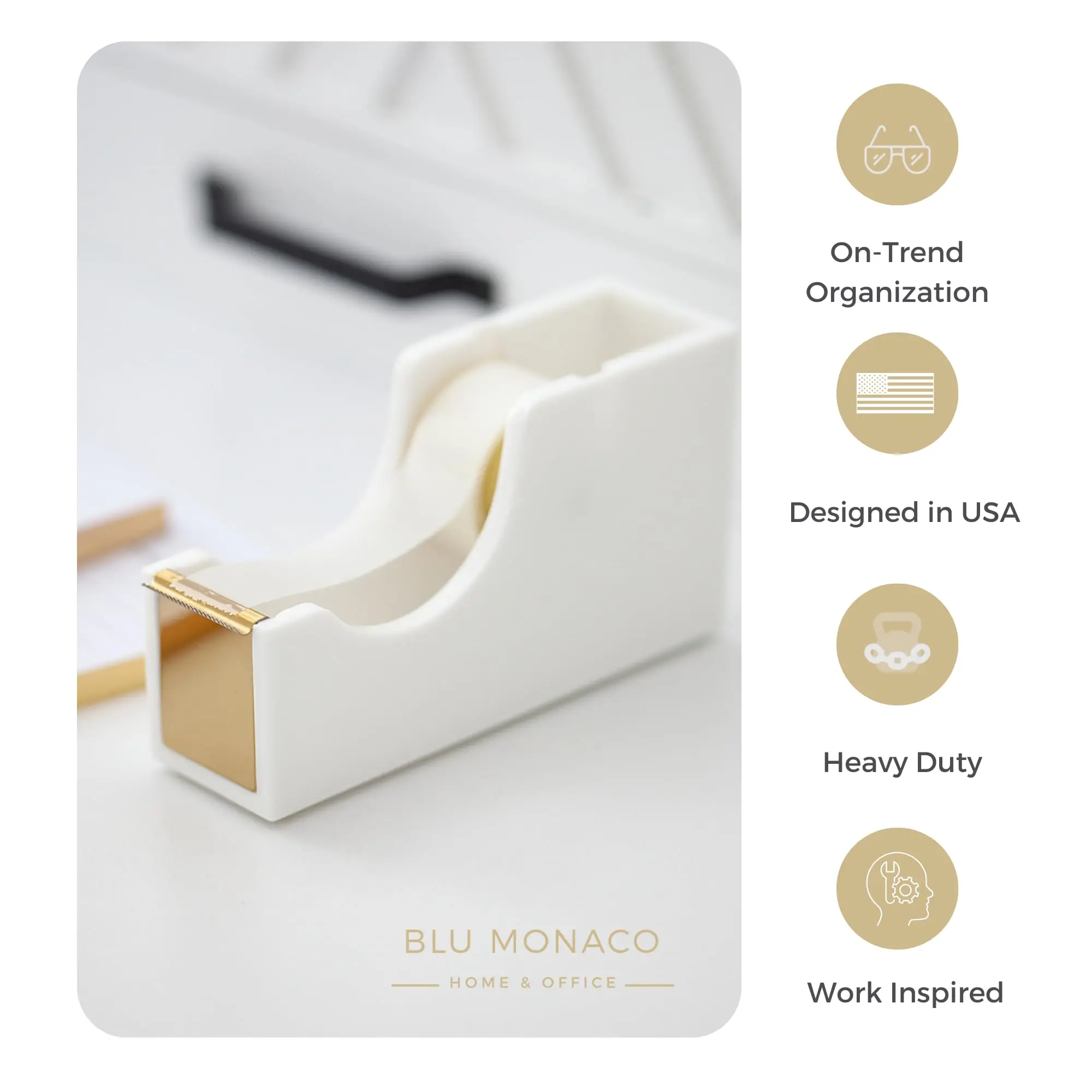Blu Monaco Acrylic Body Tape Dispenser - Cute White and Gold Desktop Tape Cutter, Office Desk Accessory with Precise-Cut Blade, Non-Slip Base, Fits Standard/Large Rolls for Office, Home Use