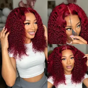 99j Burgundy Lace Front Wigs Human Hair 14 Inch 13x4 HD Deep Wave Lace Front Glueless Wigs Human Hair Pre Plucked Red Curly Bob Wig Human Hair For Black Women 180% Density 16 Inch