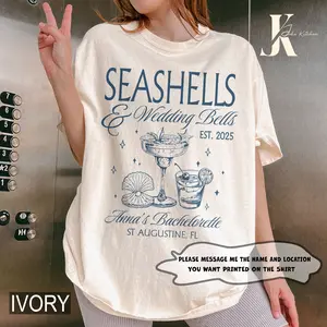 Personalized Seashells and Wedding Bells Bachelorette Party Shirt, Coastal Bridal Shower, Luxury Bach, Girls Weekend Beach Bachelorette Tee
