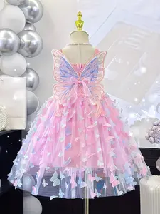 Girls' Summer Strapless Dress with Large Butterfly Pattern, Fashion Princess Dress, Layered Tulle Dress, Child Performance Costume, Lightweight Tutu Skirt, Summer Cute Dresses