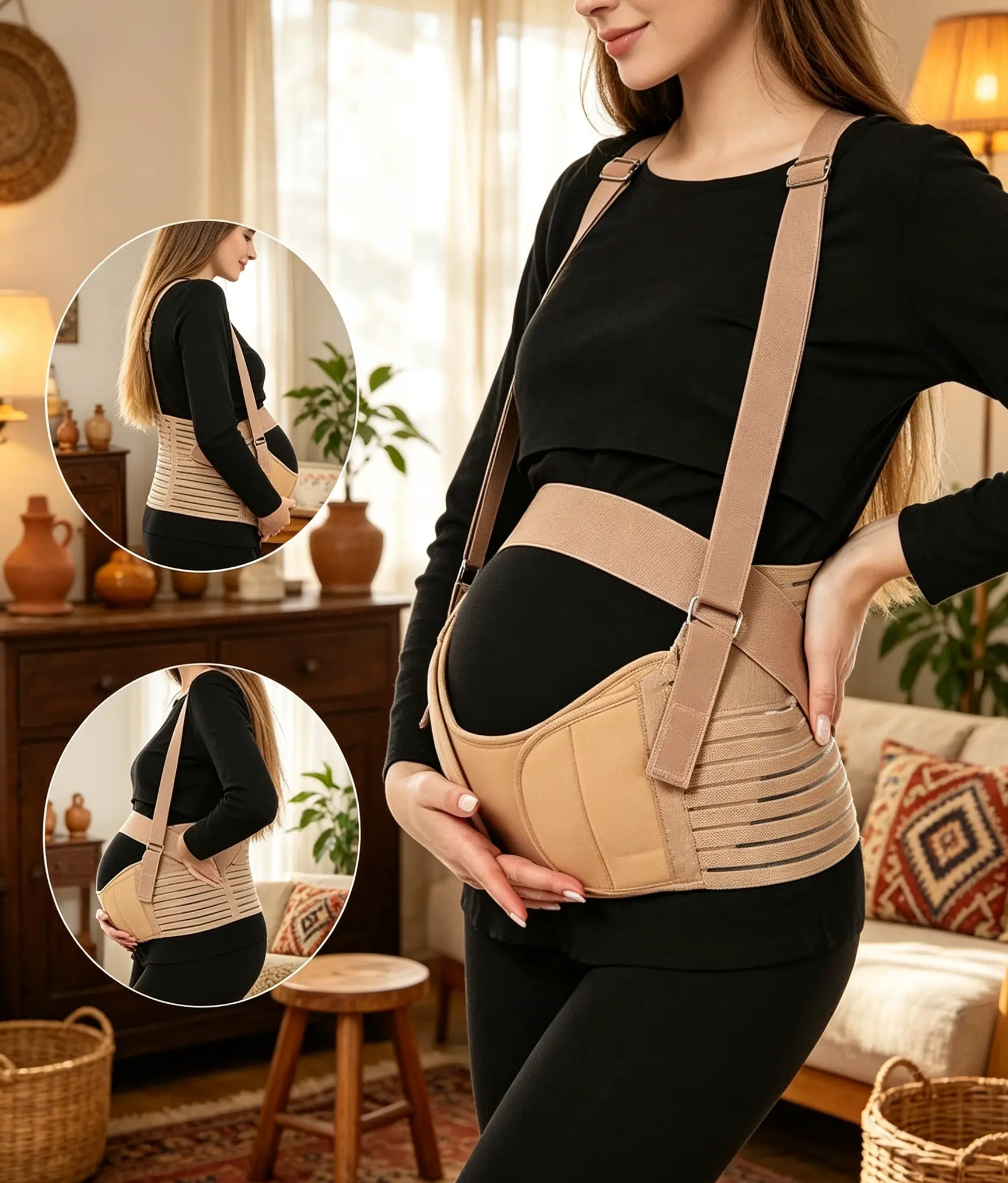 Maternity 3-Piece Strap-Style Support Belt, Lightweight Breathable Adjustable, Mid-to-Late Pregnancy Belly Support for Pressure Relief & Stabilization, Under-Clothing Wear (Sports & Outdoor Protective Gear Accessory)