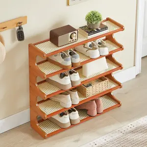 Sell Like Hot Cakes! Modern Rattan-Style Bamboo Shoe Rack 5-Tier Slim Ink Black Finish Space-Saving 7.5" Deep 26" W x 26.29" H Organize Your Space