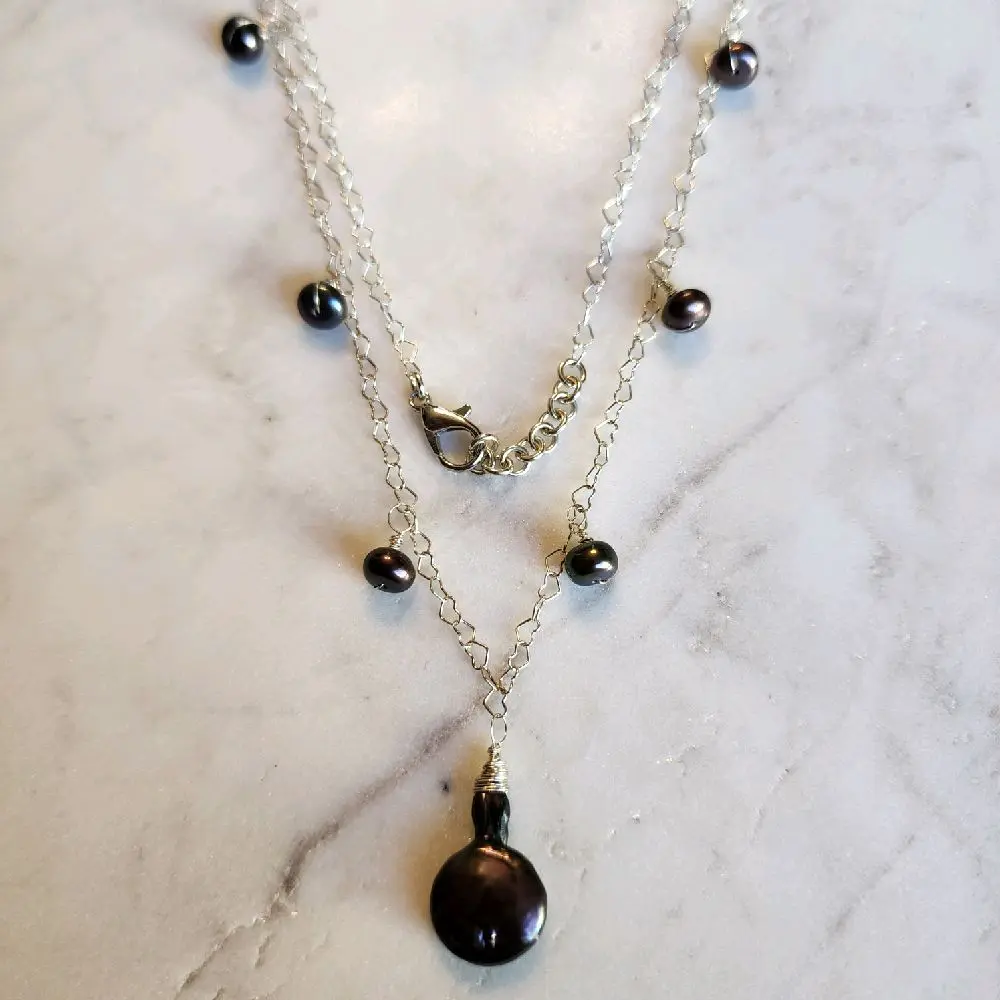 Midnight Tide Necklace | Sterling Silver Heart Chain with Peacock Pearls | Handmade Ocean-Inspired Jewelry