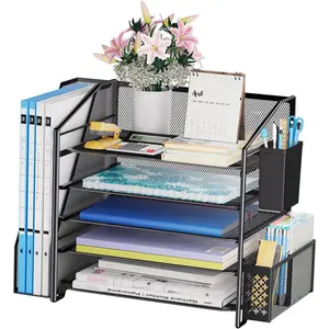 Simple Trending Desk Organizers and Accessories, 5-Tier Desk File Organizer, Paper Letter Tray Organizer with File Holder and Pen Container, Black
