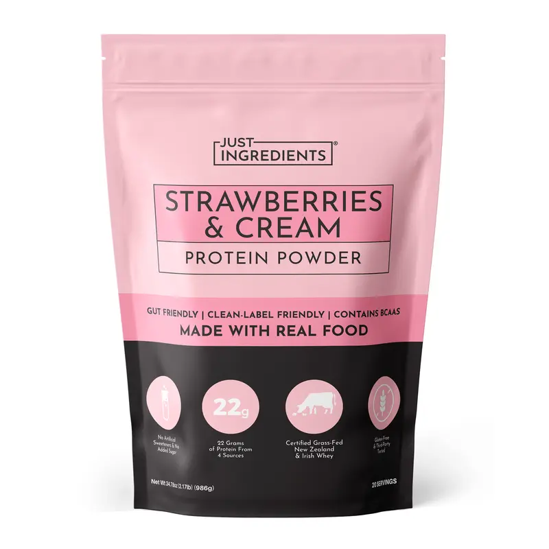 Just Ingredients Strawberries & Cream Protein Powder - 20 Serving Blend with Grass-Fed Whey & Organic Plant Proteins – Supports Muscle Recovery, Energy* - Made with Real Food Ingredients