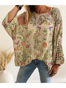 Spring/Summer style, off-the-shoulder diamond hollow-out, batwing drop shoulder loose fit, contrast color floral print long-sleeve women's knitted top, Casual Classy Top, vacation style, women's vest cover-up, bikini cover-up