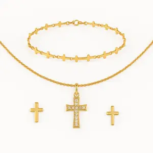 Fiora 3-Piece Cross Jewelry Set – Gold Necklace, Bracelet & Earrings for Women | Hypoallergenic, Non-Tarnish