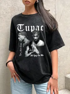 Women's 100% Cotton Oversized Casual T-Shirt ， Vintage Distressed Style， Tupac Tribute T-Shirt ，Soft and Comfortable Versatile Everyday Top ，A Fashion Essential for Hip-Hop Culture Enthusiasts